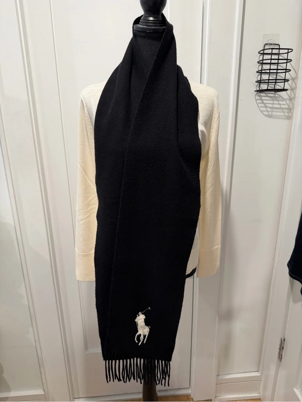 Ralph Lauren Cashmere Lambswool Big Pony Scarf Black NWOT $295